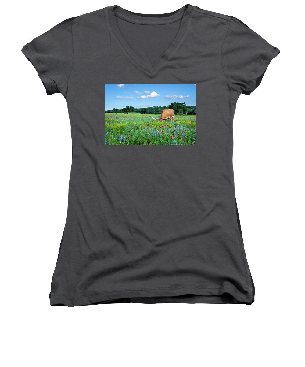 Texas Wildflowers Women's V-Neck featuring the photograph Longhorn In Bluebonnets by Johnny Boyd