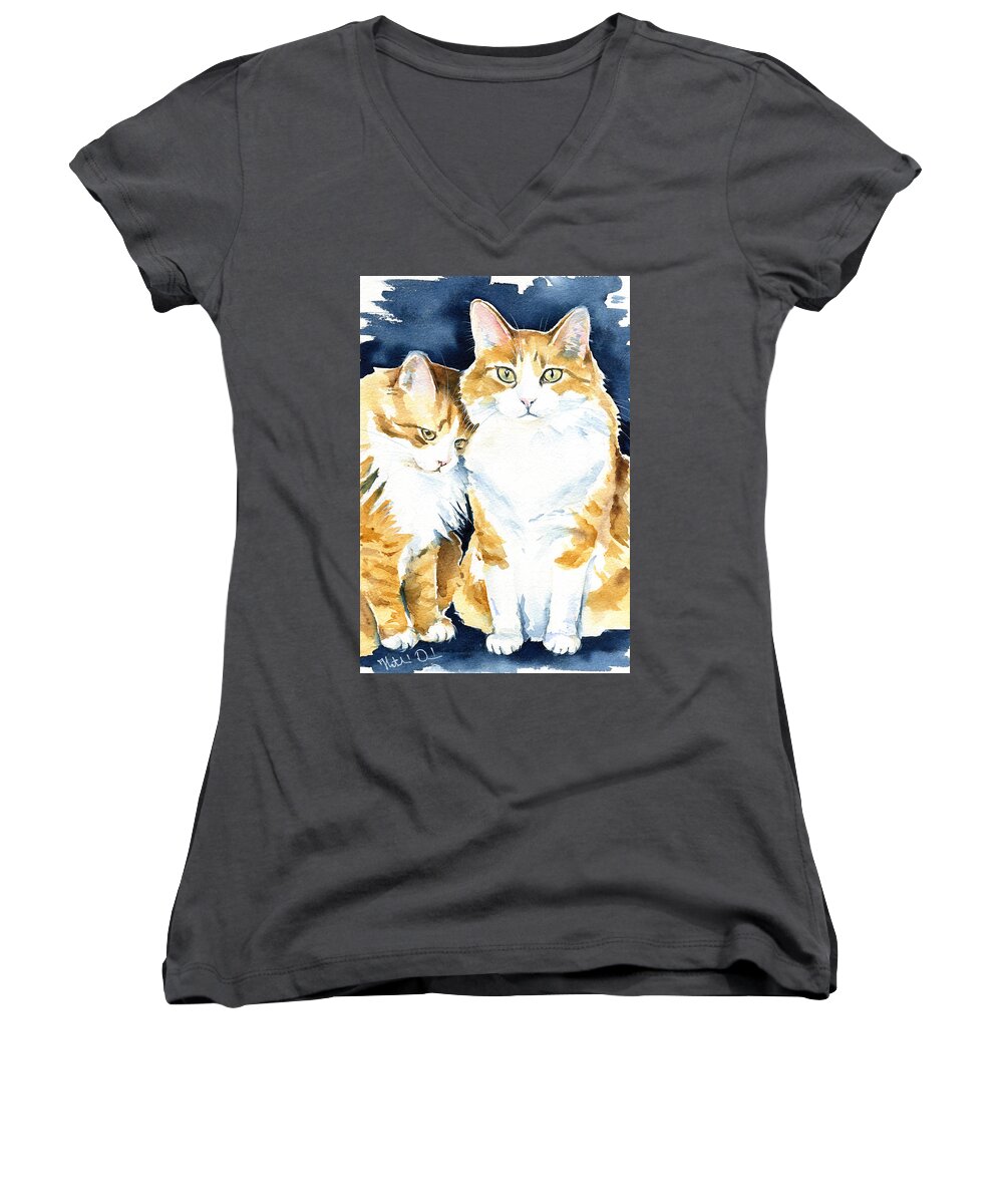 Valentine Women's V-Neck featuring the painting Love Me Meow Cat Painting by Dora Hathazi Mendes