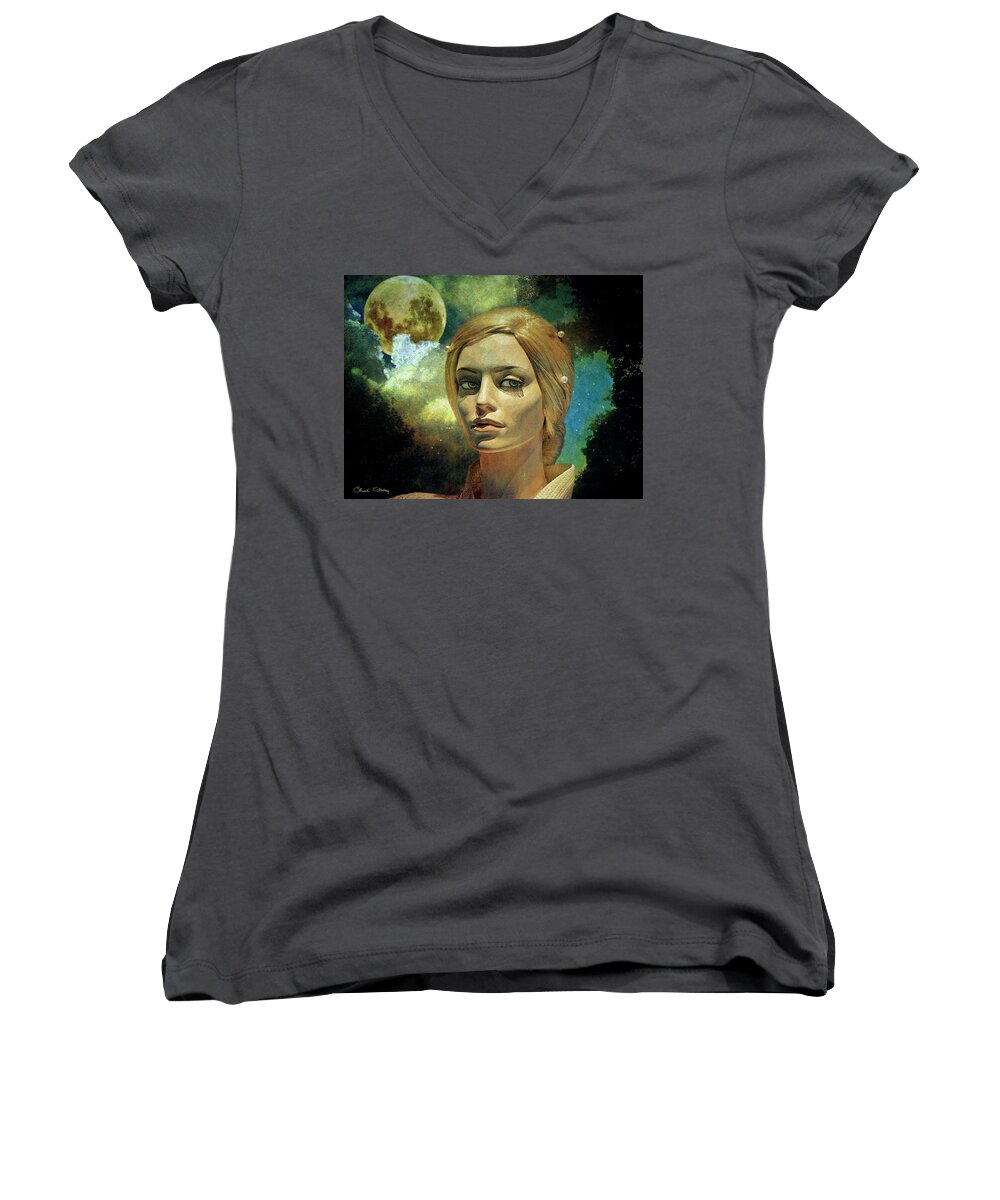 Staley Women's V-Neck featuring the mixed media Luna in the Garden of Evil by Chuck Staley