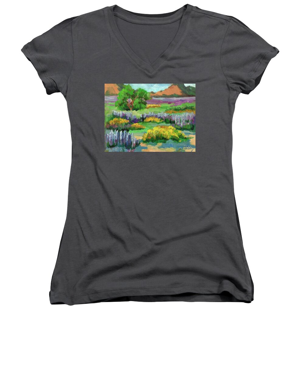 Lupine Women's V-Neck featuring the painting Lupine and Desert Sunflowers at Cottonwood by Diane McClary
