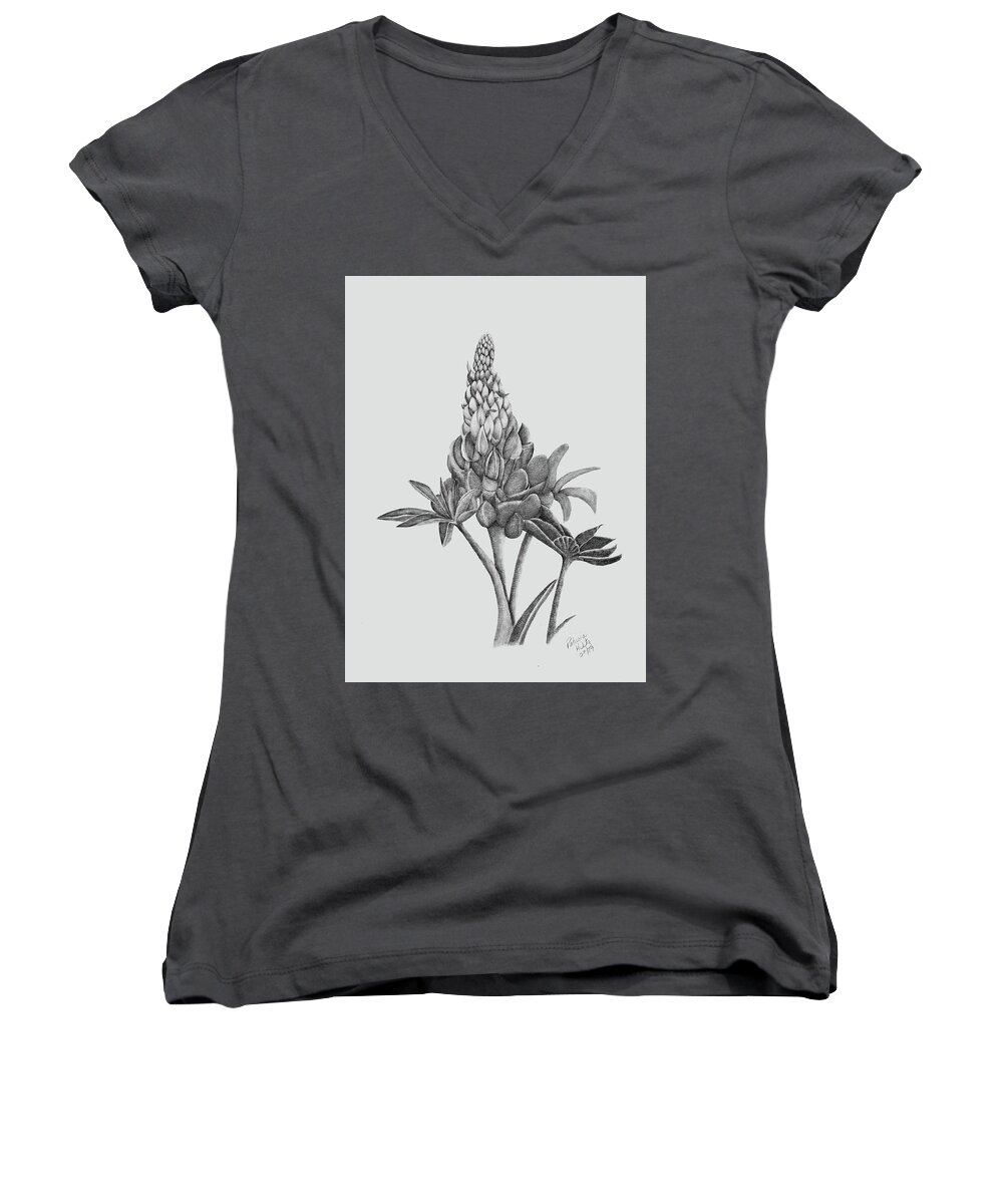 Lupine Women's V-Neck featuring the drawing Lupines by Patricia Hiltz