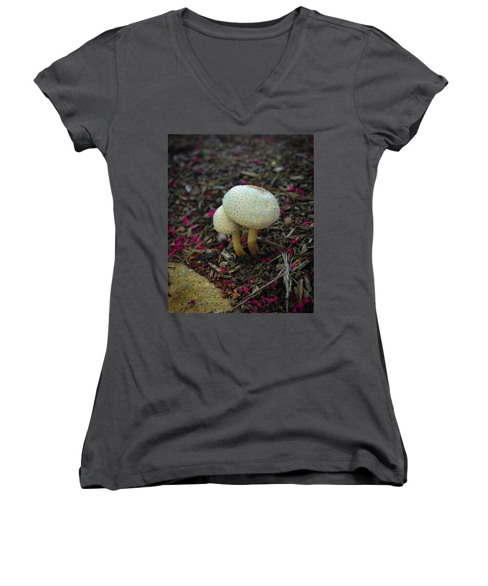 Flora Women's V-Neck featuring the photograph Magical Mushrooms by Lora J Wilson