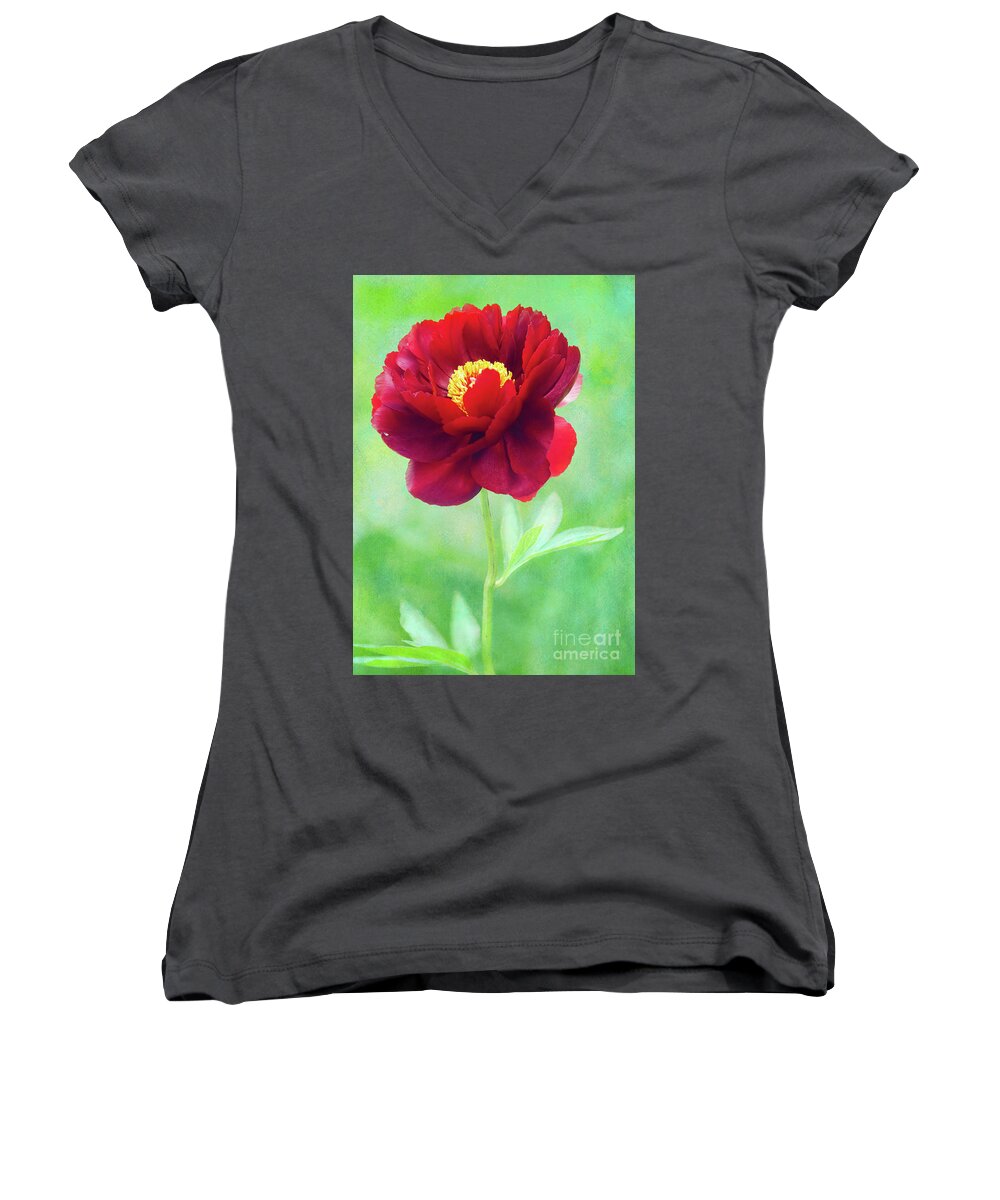 Peony Women's V-Neck featuring the photograph Magnificent Crimson Peony by Anita Pollak