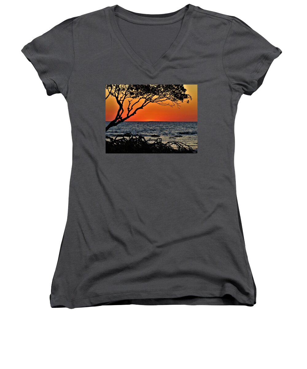 Weipa Women's V-Neck featuring the photograph Mangrove Roots And All Sunset by Joan Stratton