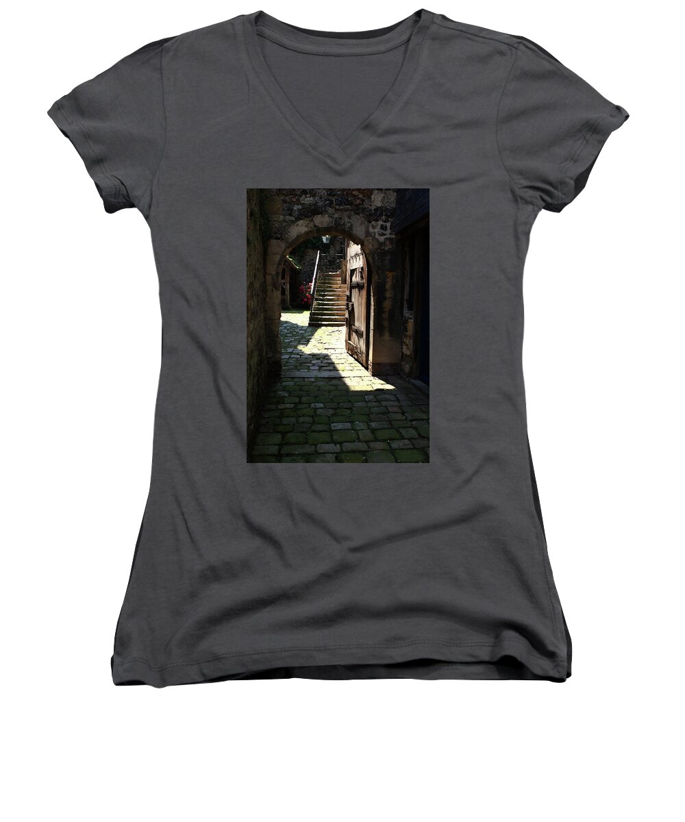  Harbor Women's V-Neck featuring the photograph Medieval Streets by Aidan Moran