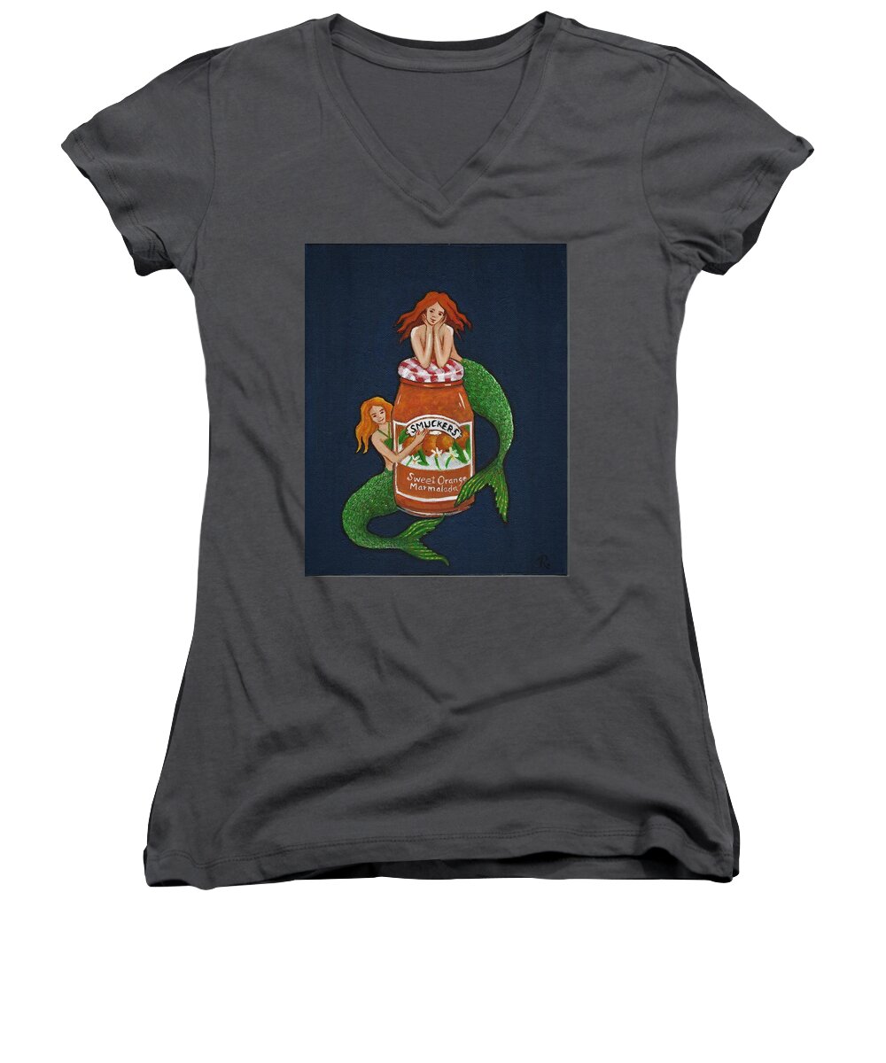 Mermaids Women's V-Neck featuring the painting Mermaids and Marmalade....... by James RODERICK