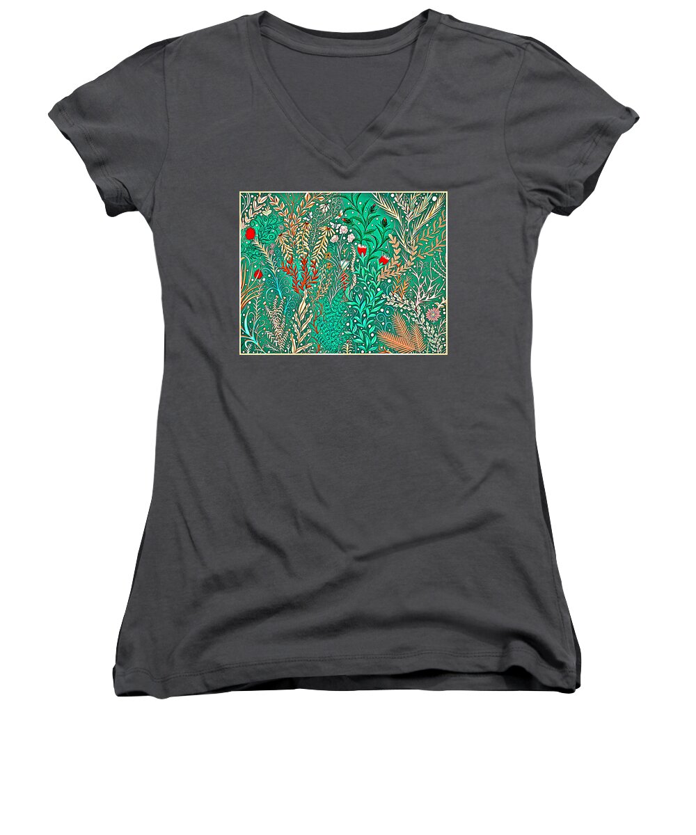 Lise Winne Women's V-Neck featuring the digital art Millefleurs Home Decor Design in Brilliant Green and Light Oranges With Leaves and Flowers by Lise Winne
