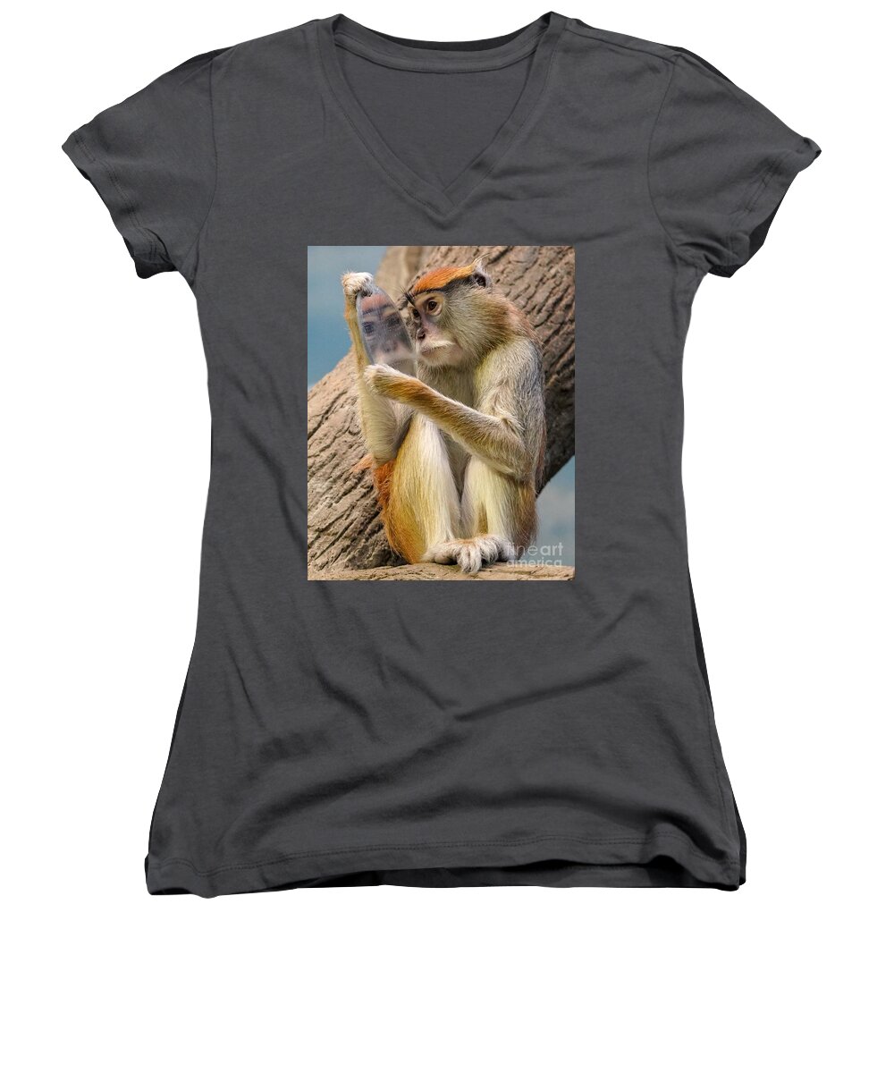 Monkey Women's V-Neck featuring the photograph Mirror Selfie by Susan Rydberg