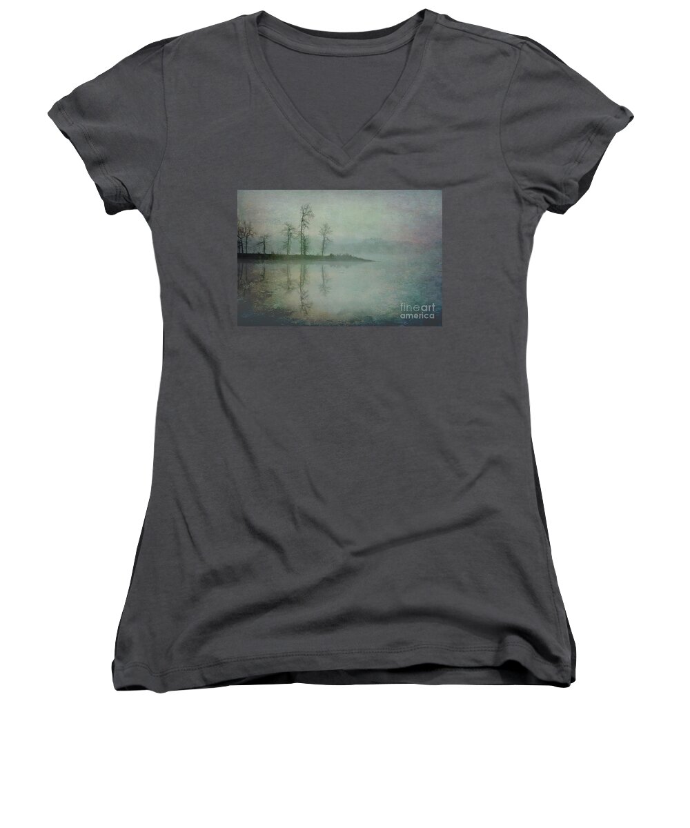 Fog Women's V-Neck featuring the photograph Misty Tranquility by Ken Johnson