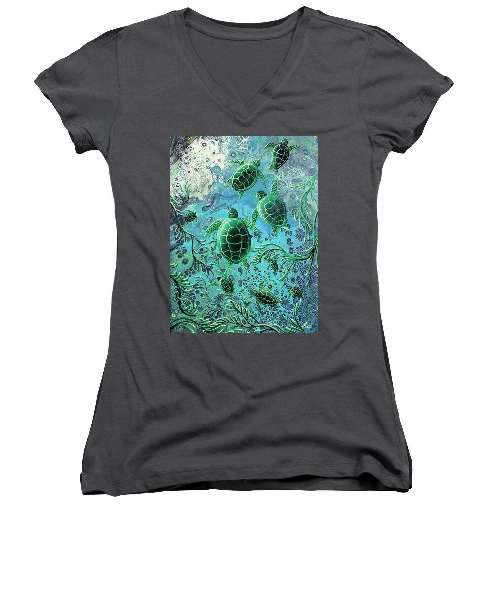 Sea Turtle Women's V-Neck featuring the painting Munchkins by William Love