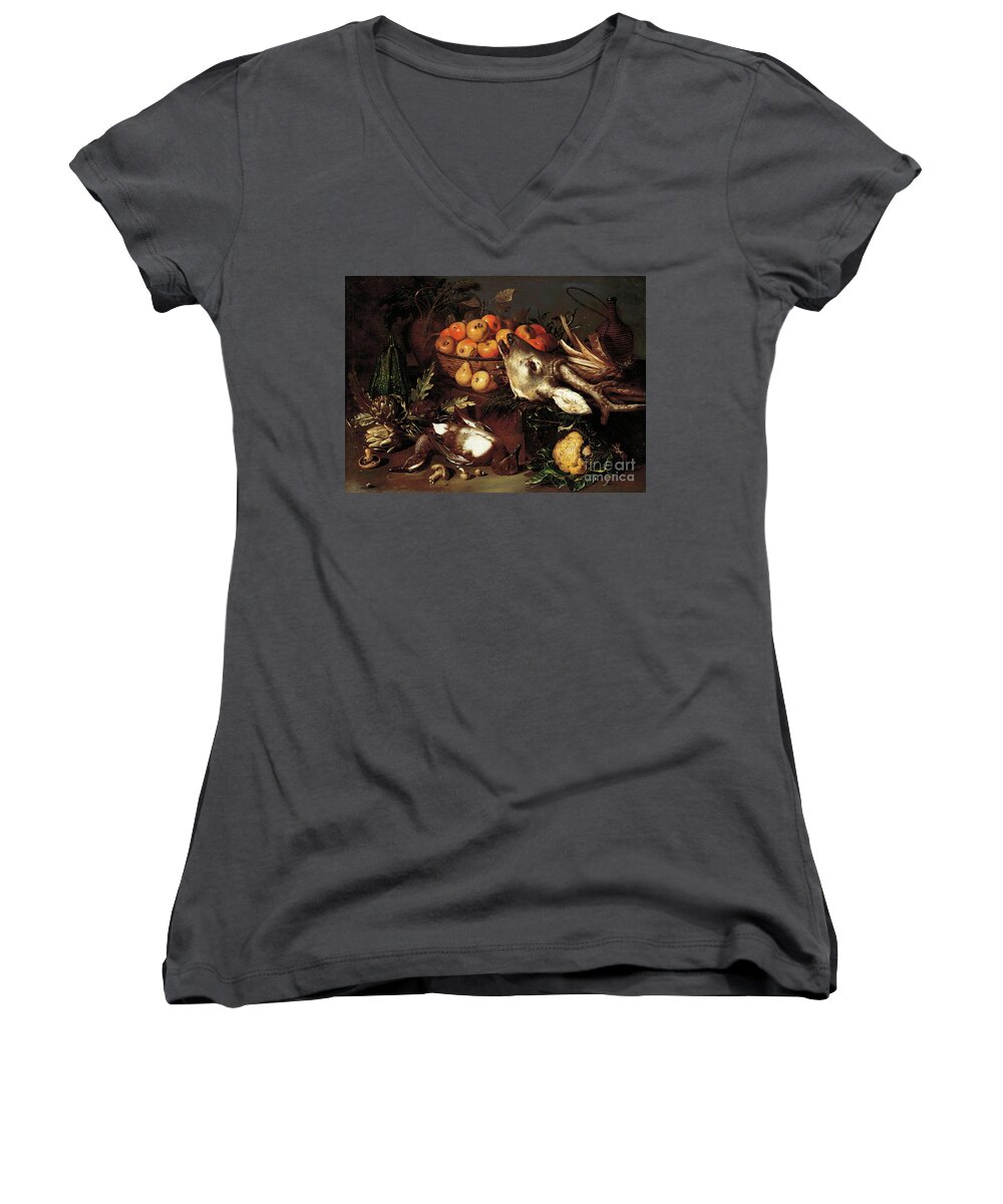 Mushrooms Women's V-Neck featuring the painting Mushrooms, artichokes, a basket of apples and a cabbage with dead game on a ledge by Pseudo Salini