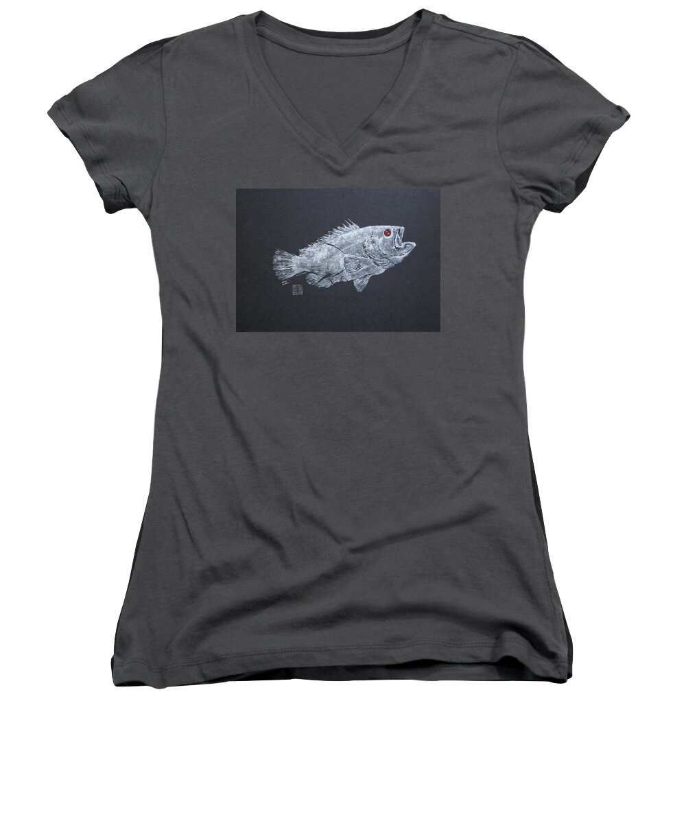 Fish Women's V-Neck featuring the painting Mystic Grouper - Silver by Adrienne Dye