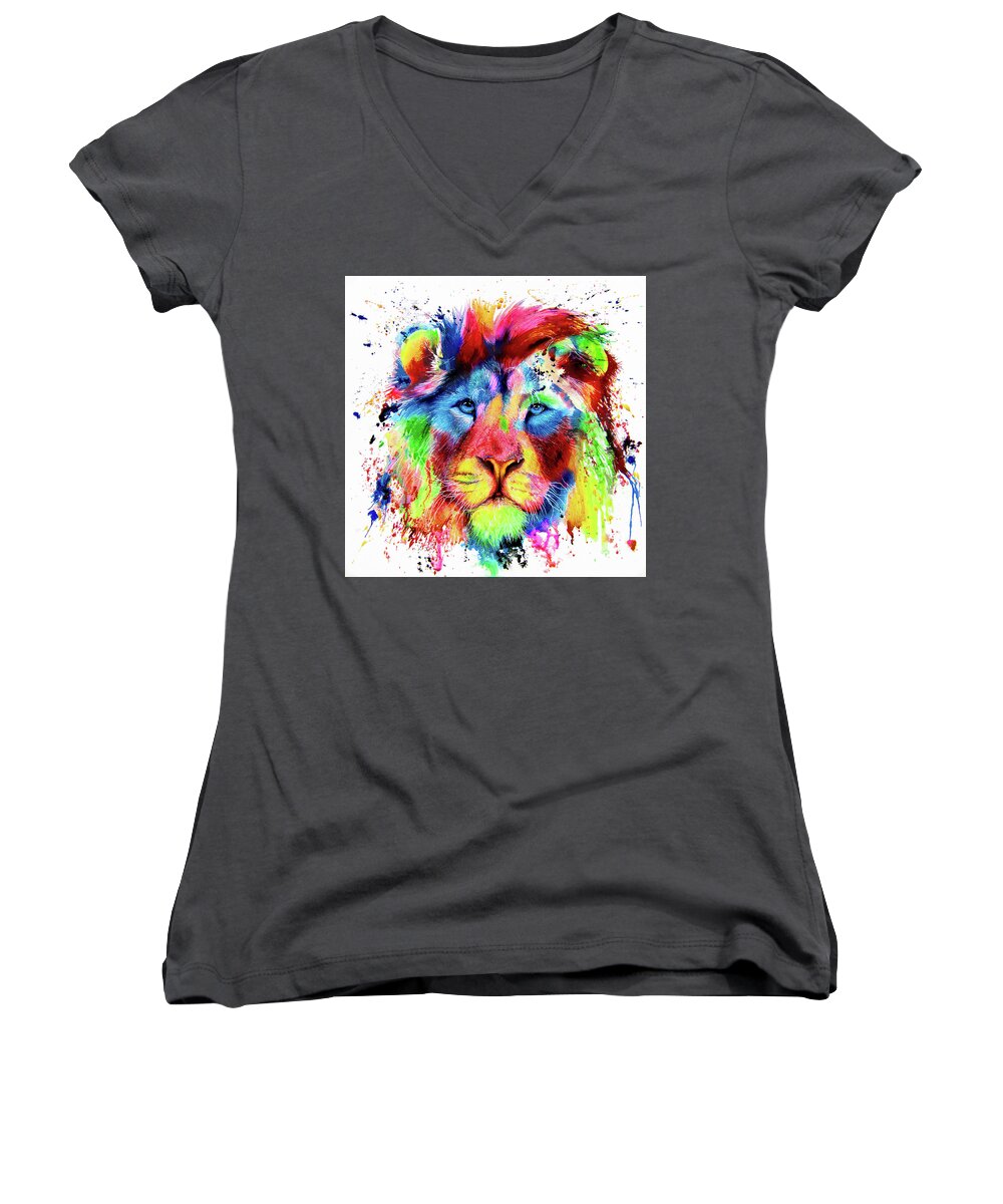 Lion Women's V-Neck featuring the painting Neon Lion - colourful ink spatter painting by Peter Williams
