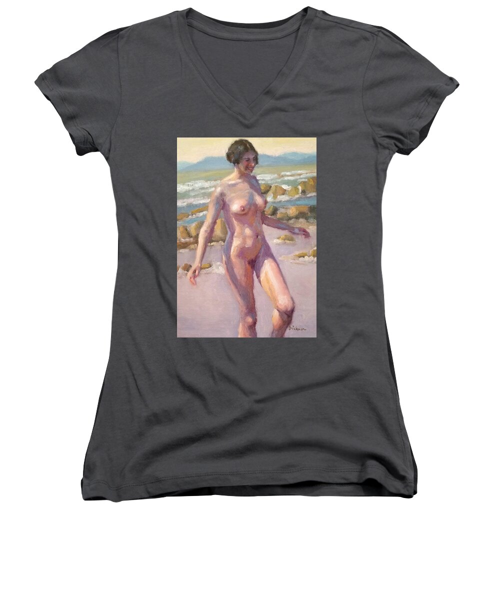 Joaquin Sorrola Women's V-Neck featuring the painting Nude on beach by Jeff Dickson