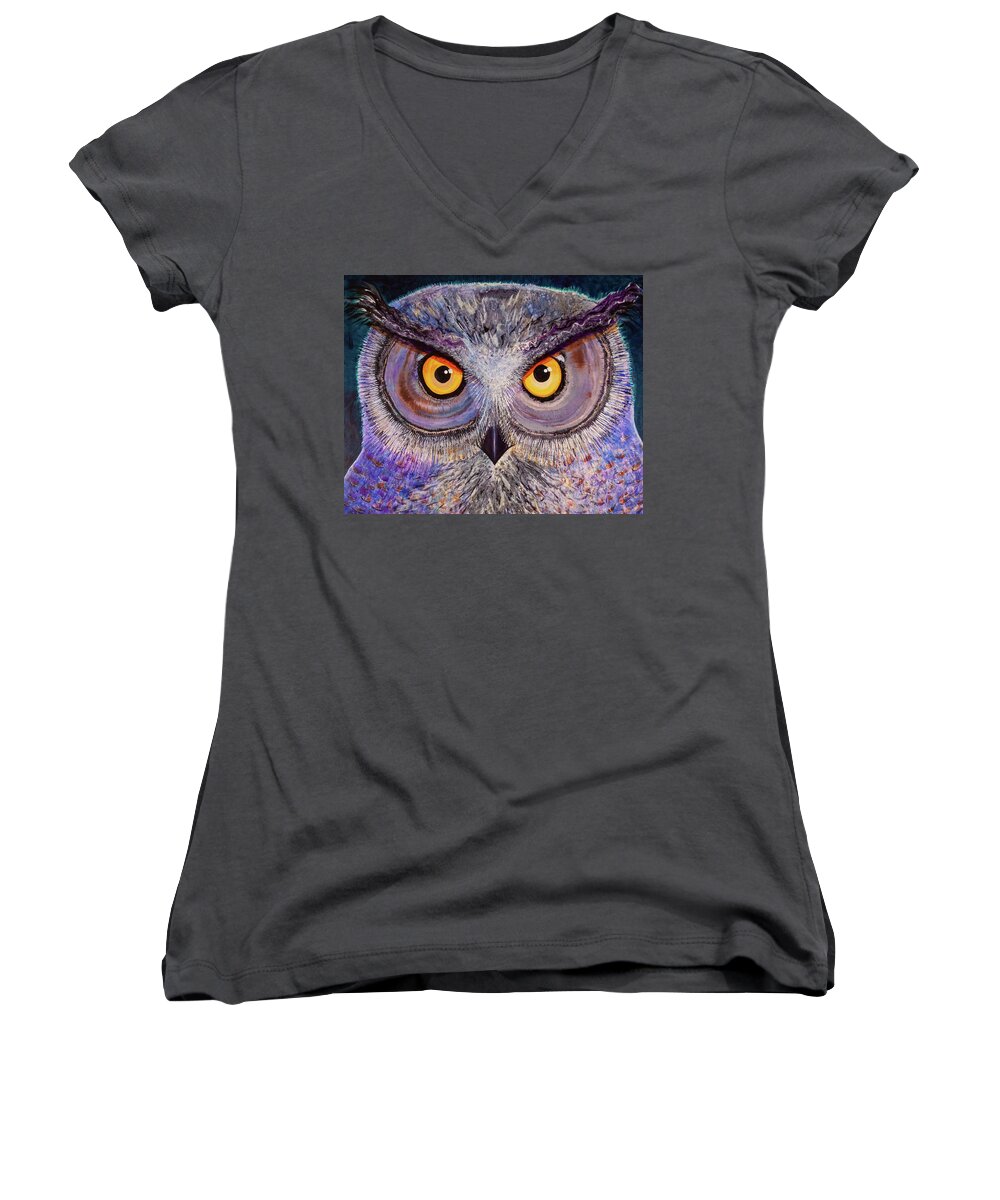 Owl Women's V-Neck featuring the painting OL Fathead by Laurel Bahe