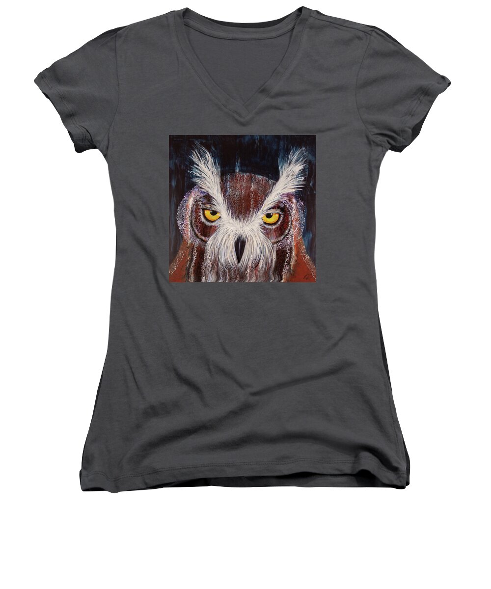 Owl Women's V-Neck featuring the painting OL Sam by Laurel Bahe