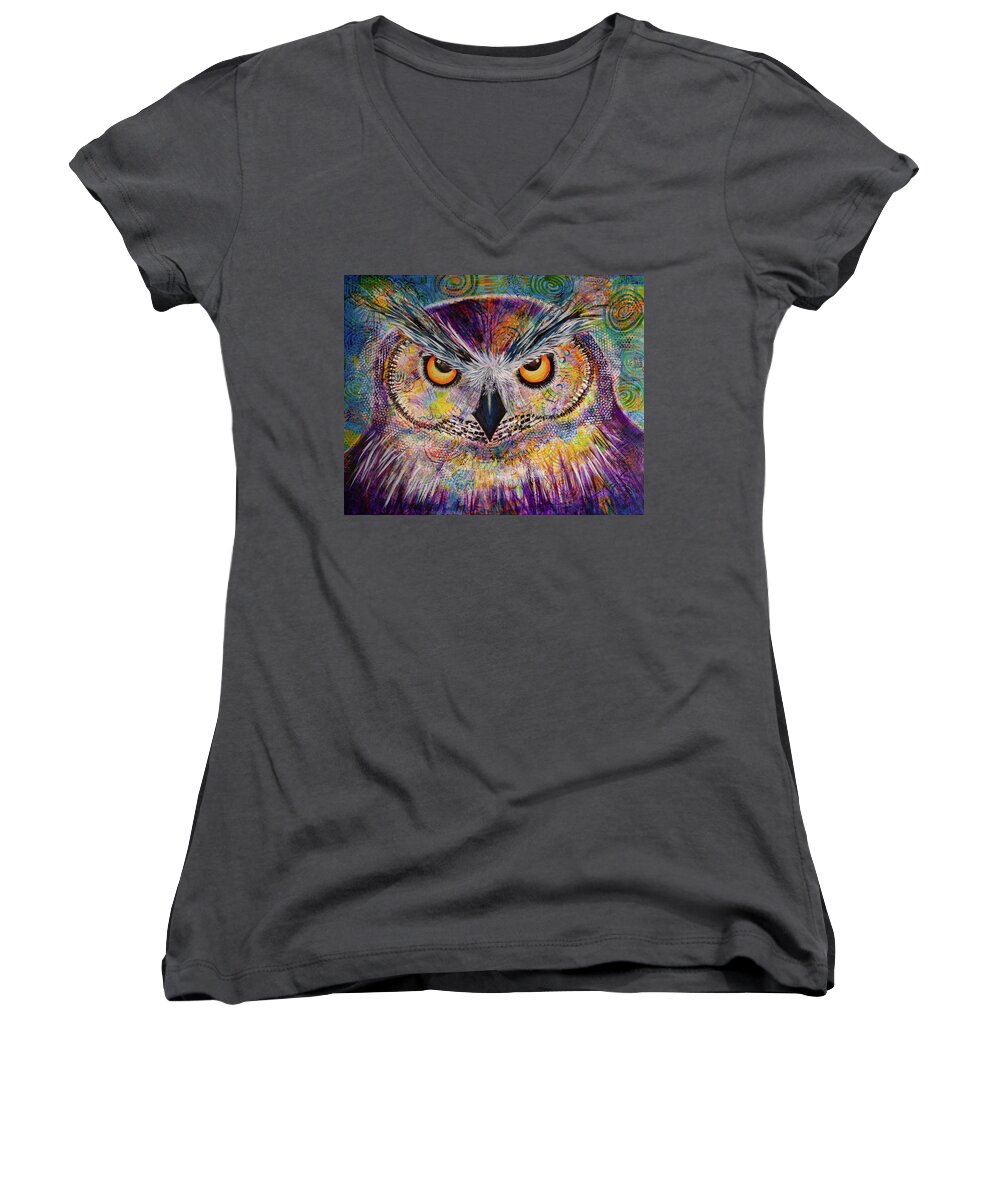 Owl Women's V-Neck featuring the painting OL Spirals by Laurel Bahe