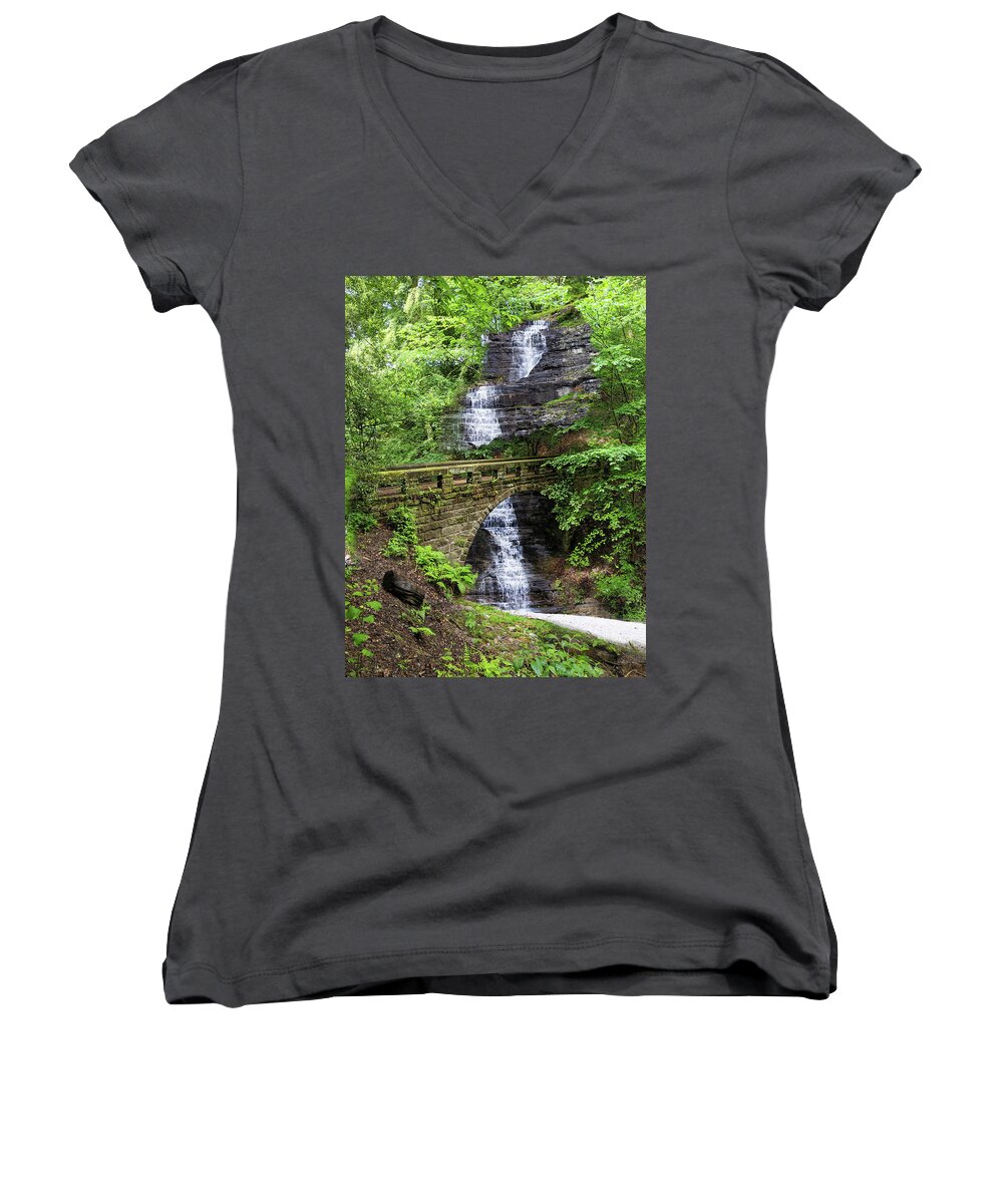 Bridge Women's V-Neck featuring the photograph Old stone bridge over waterfall by Tatiana Travelways