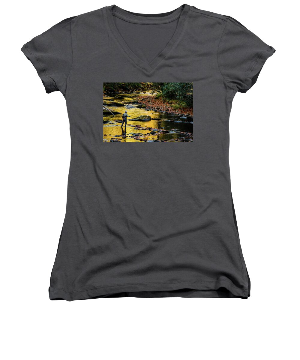 Sunset Women's V-Neck featuring the photograph One Last Cast by Johnny Boyd