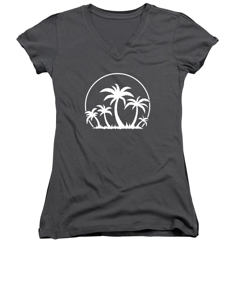 Beach Women's V-Neck featuring the digital art Palm Trees And Sunset in White by John Schwegel