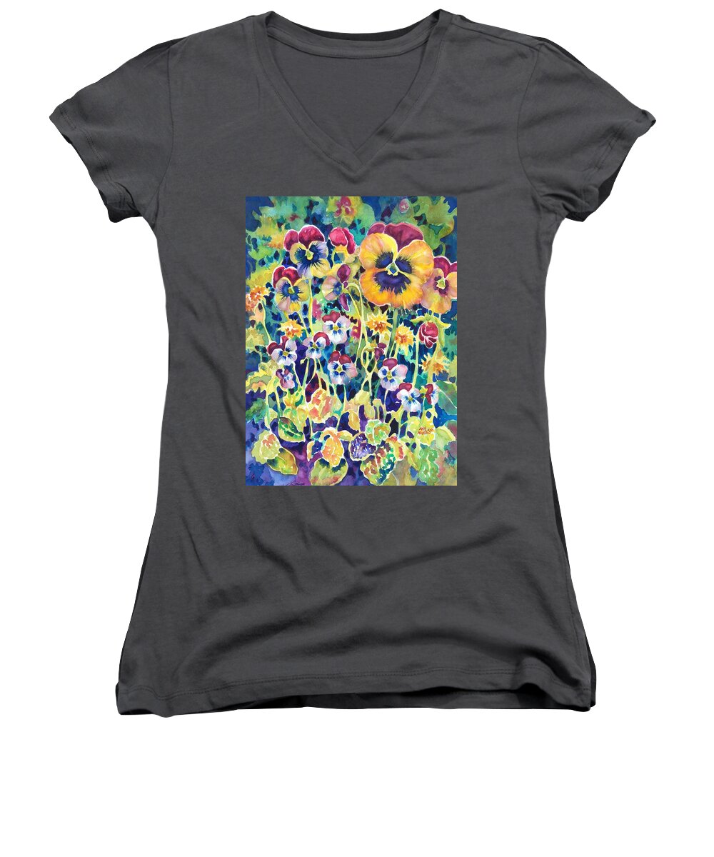 Floral Watercolor Women's V-Neck featuring the painting Pansies and Violas by Ann Nicholson