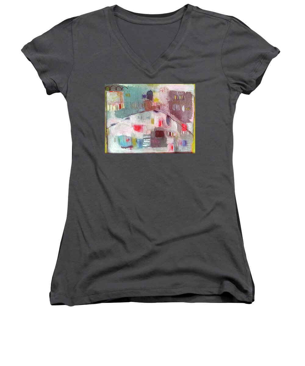Apu Women's V-Neck featuring the painting Patchwork Apu by Janet Zoya