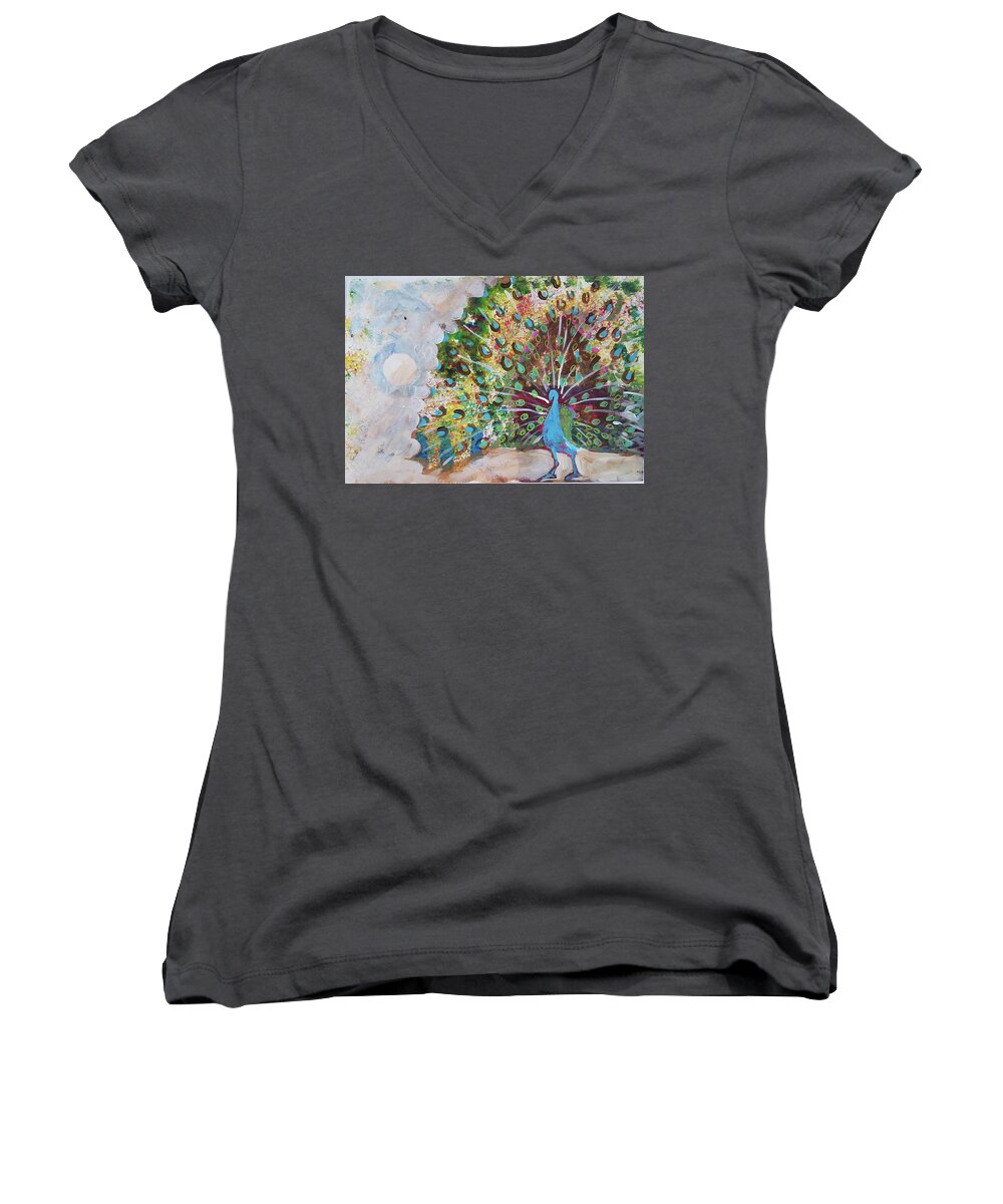 Peacock Women's V-Neck featuring the painting Peacock in Morning Mist by Tilly Strauss