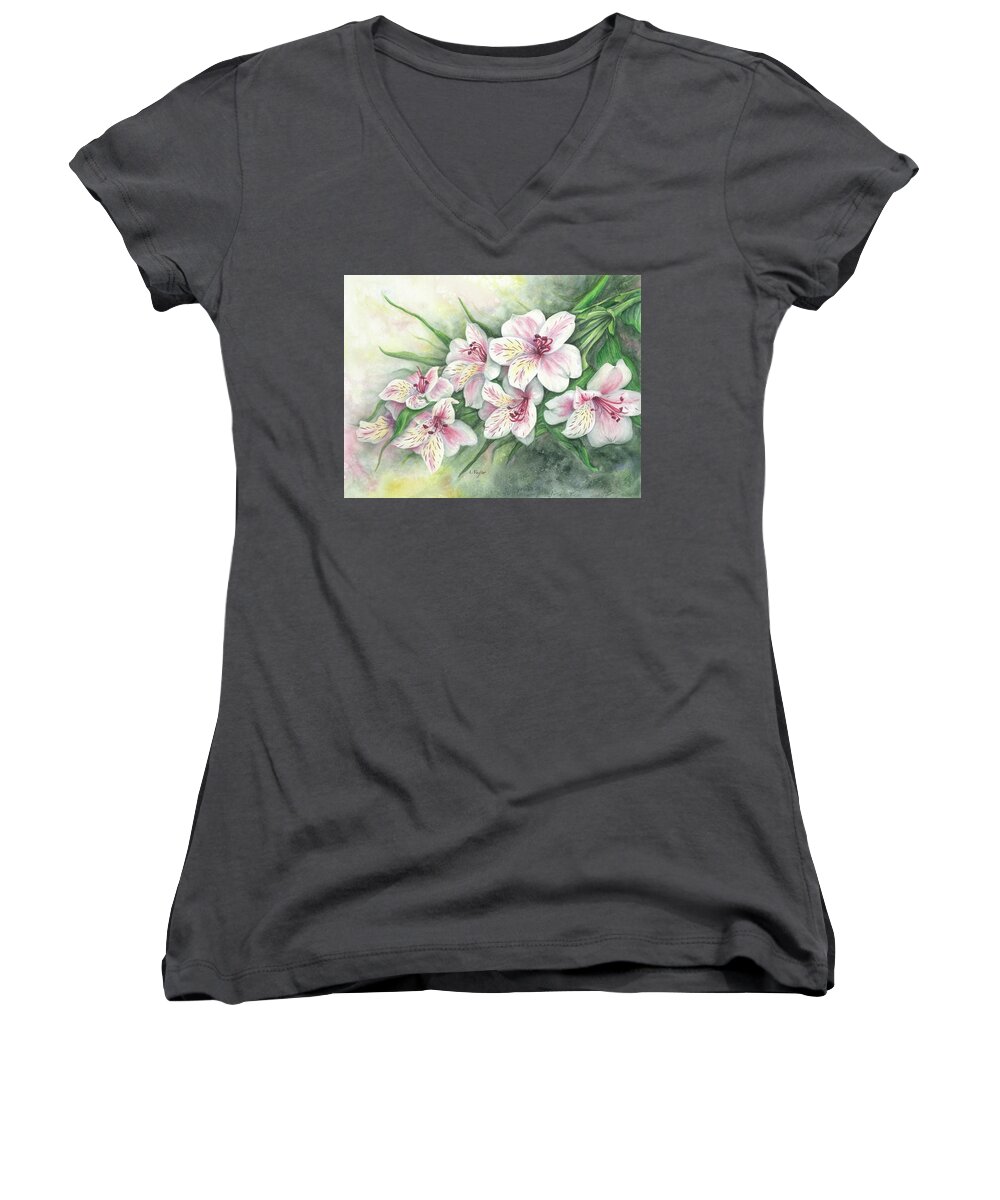 Floral Women's V-Neck featuring the painting Peruvian Lilies by Lori Taylor