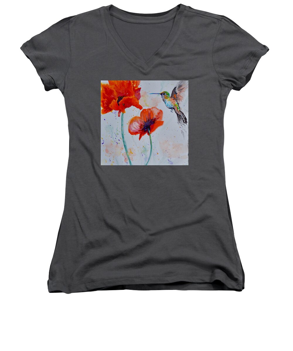 Hummingbird Women's V-Neck featuring the painting Plumage And Poppies by Beverley Harper Tinsley
