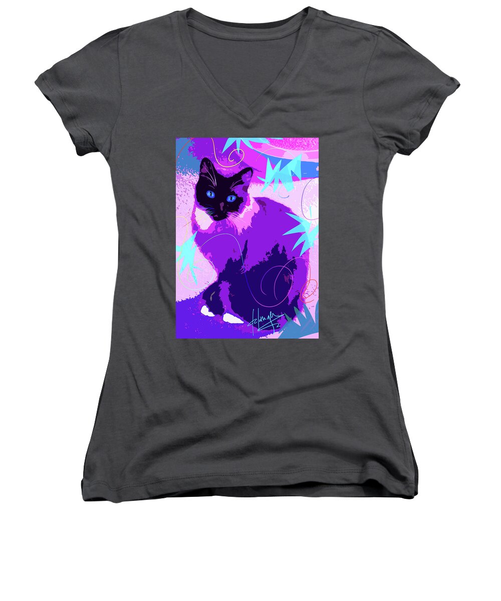 Dizzycats Women's V-Neck featuring the painting POP Cat Cocoa by DC Langer