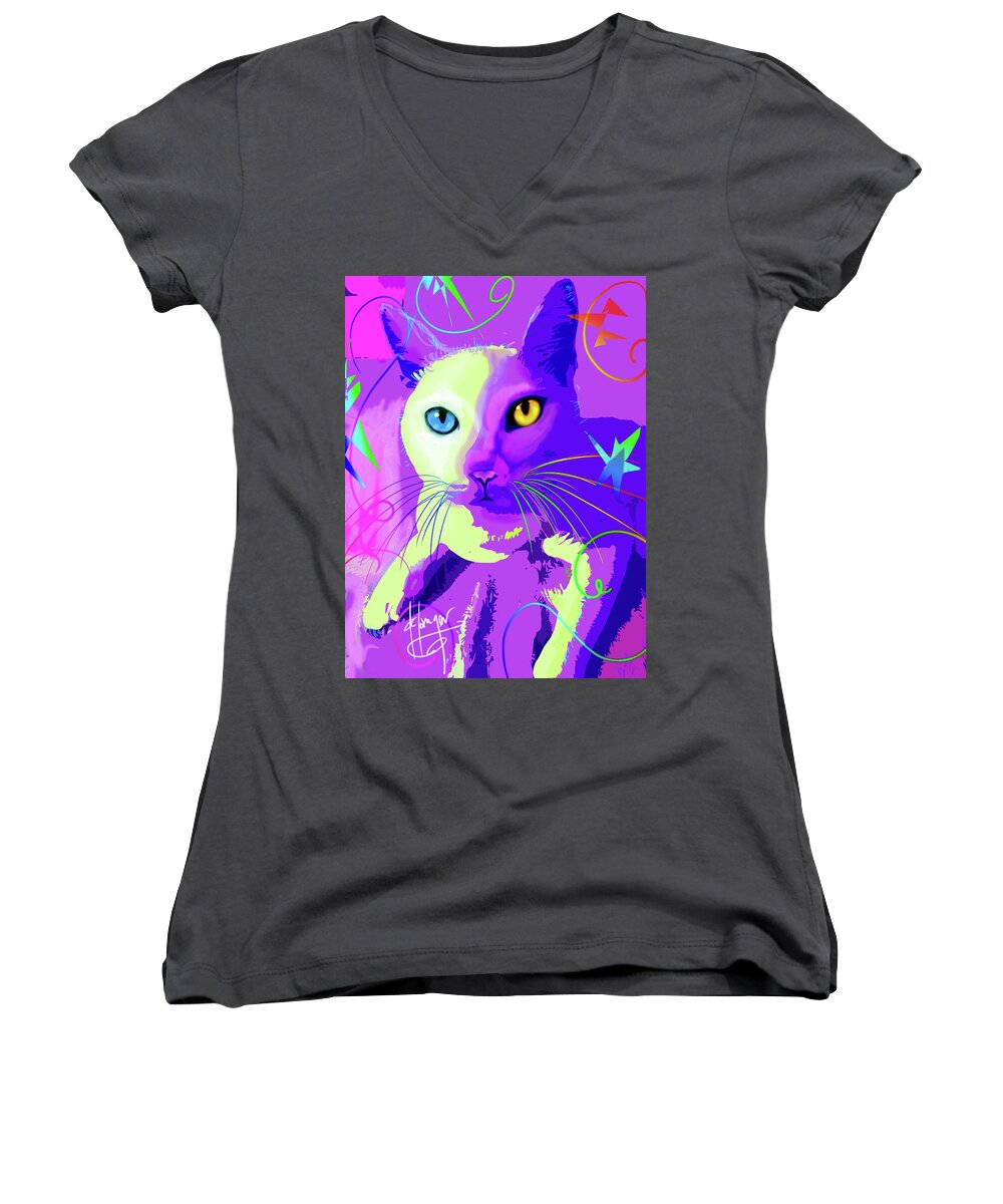 Dizzycats Women's V-Neck featuring the painting pOp Cat Cotton by DC Langer
