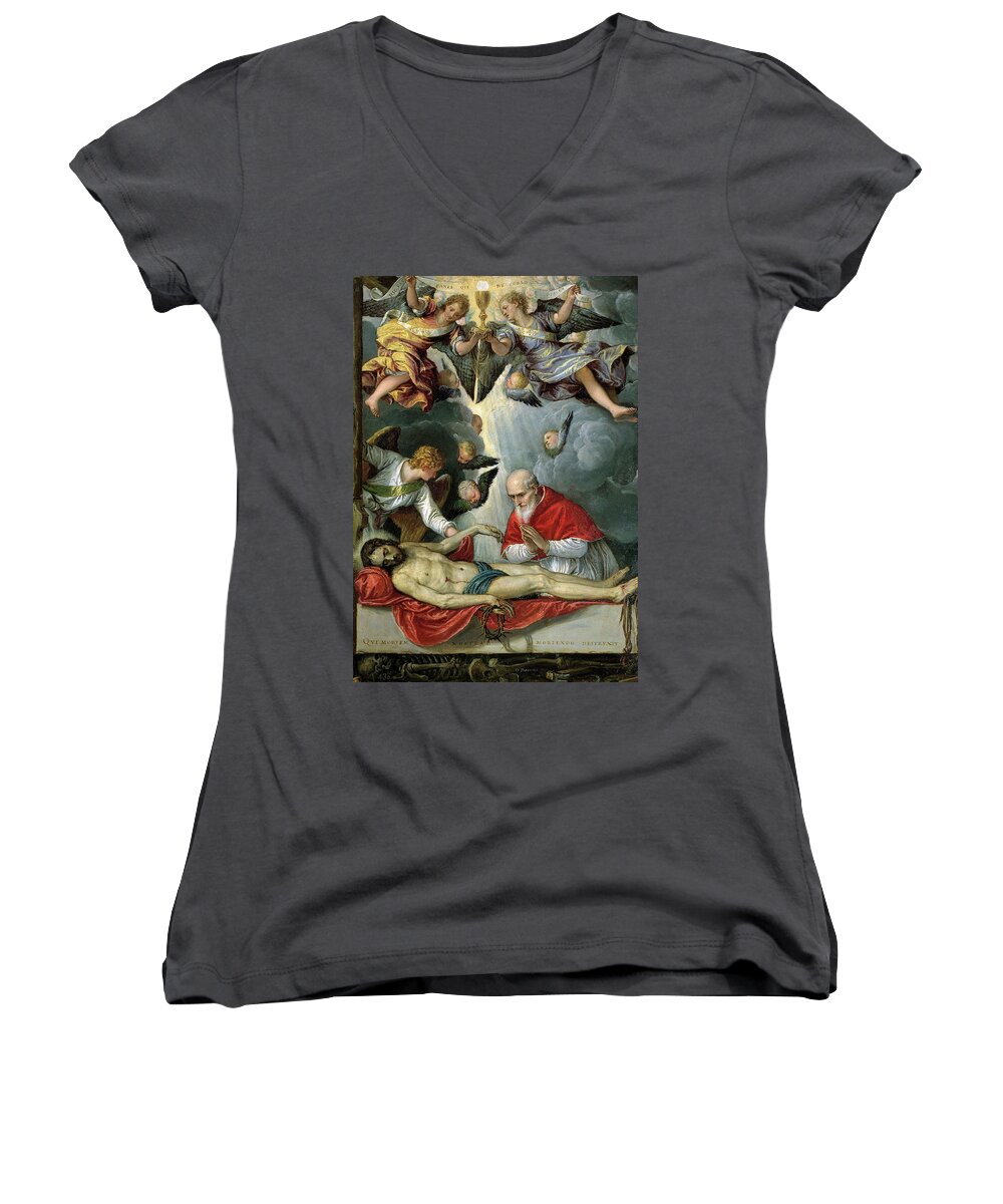 Parrasio Michele Women's V-Neck featuring the painting 'Pope Pius V worshipping the body of Christ', 1572-1575, Italian School, Oil o... by Parrasio Micheli -c 1515-1578-