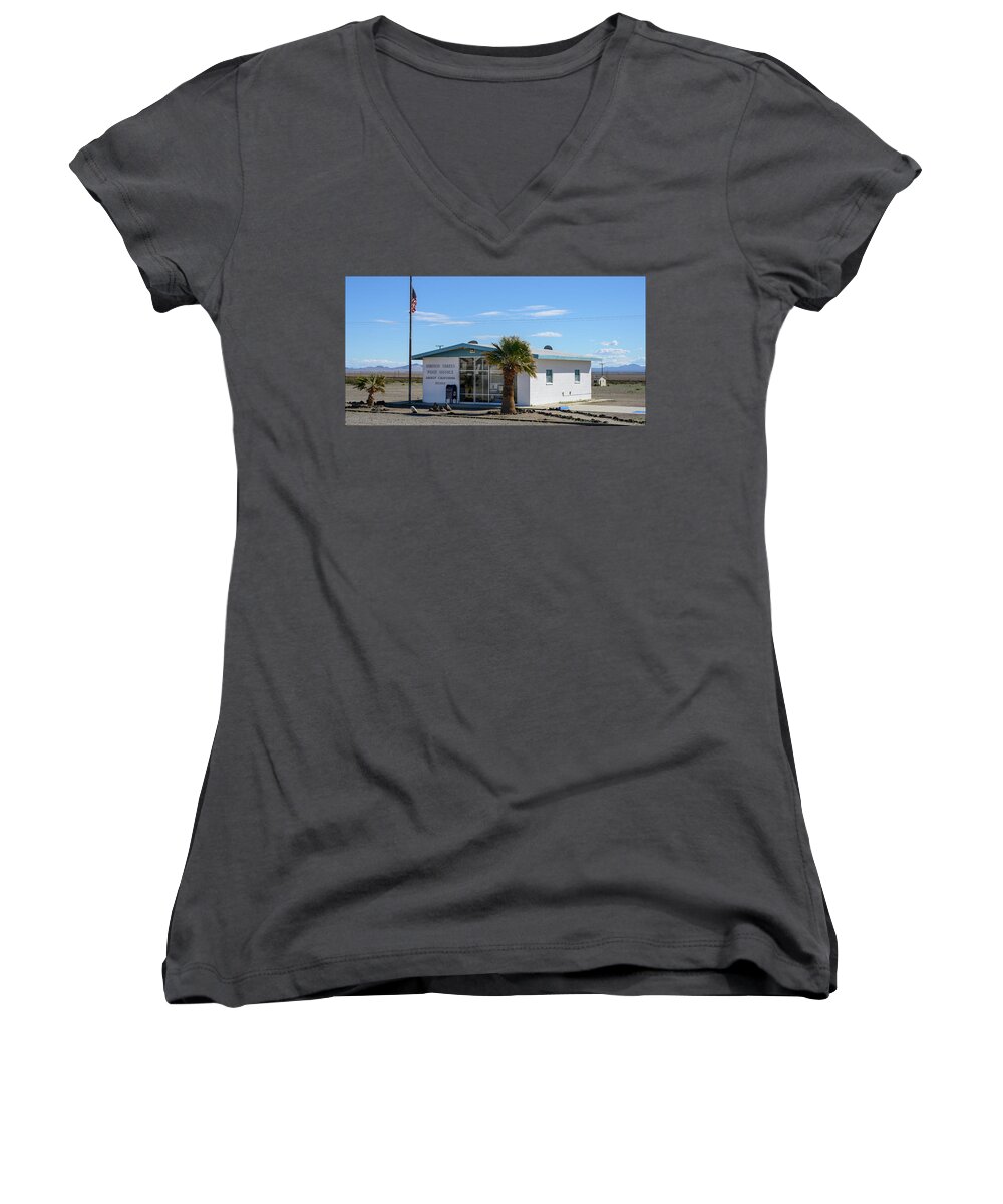 Post Office Women's V-Neck featuring the photograph Post Office, Amboy, CA by Andy Romanoff