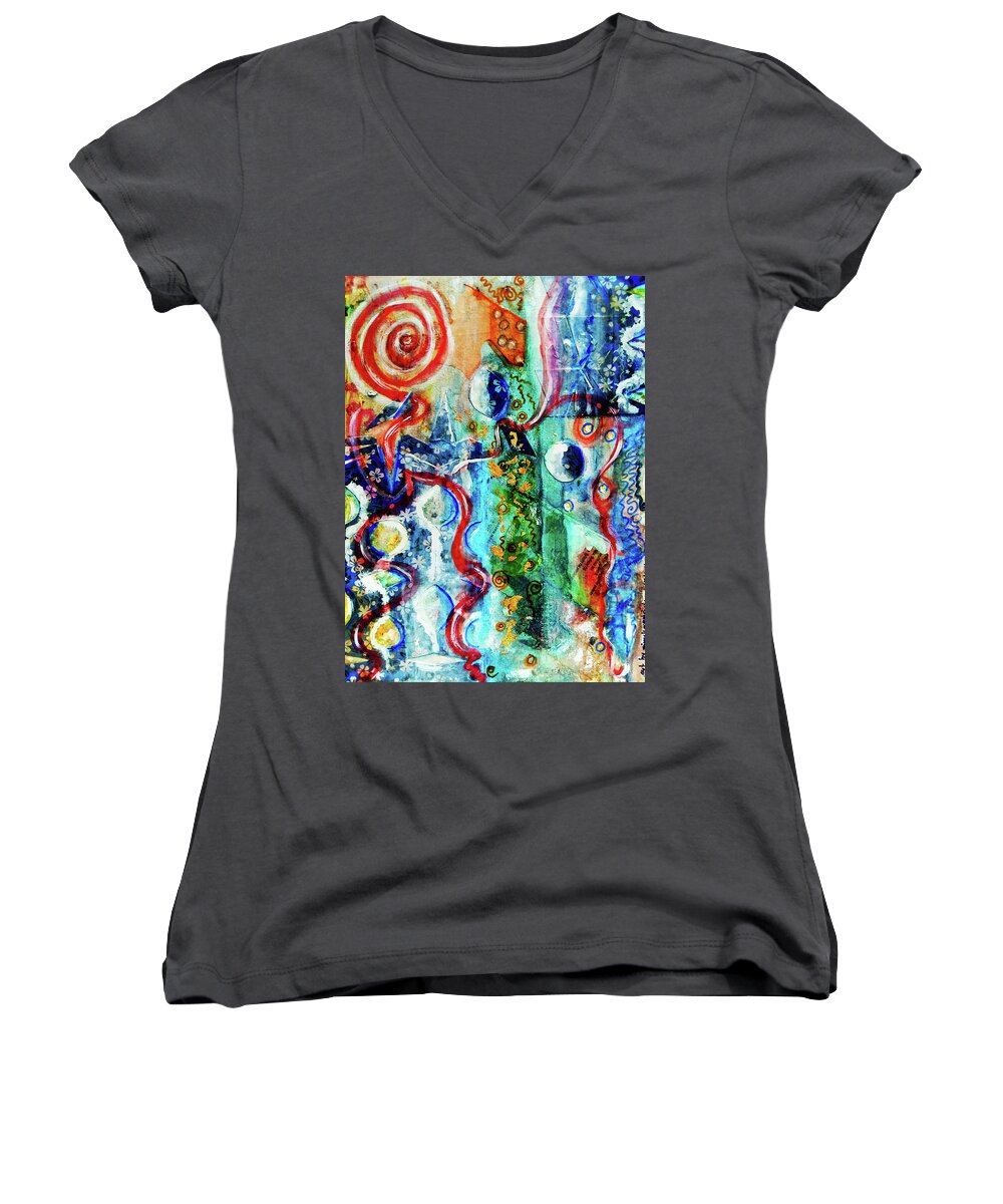 Universe Women's V-Neck featuring the mixed media POW went the Universe by Mimulux Patricia No