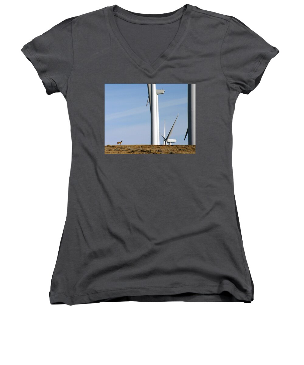 Wildlife Women's V-Neck featuring the photograph Pronghorn and Turbines by Jonathan Thompson