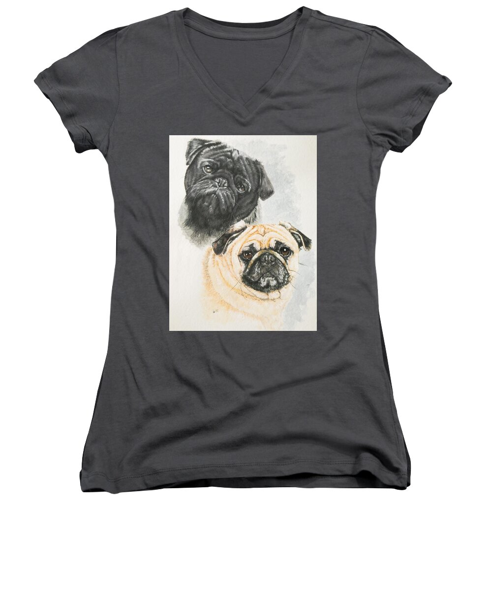 Toy Group Women's V-Neck featuring the painting Pug Brothers in Watercolor by Barbara Keith