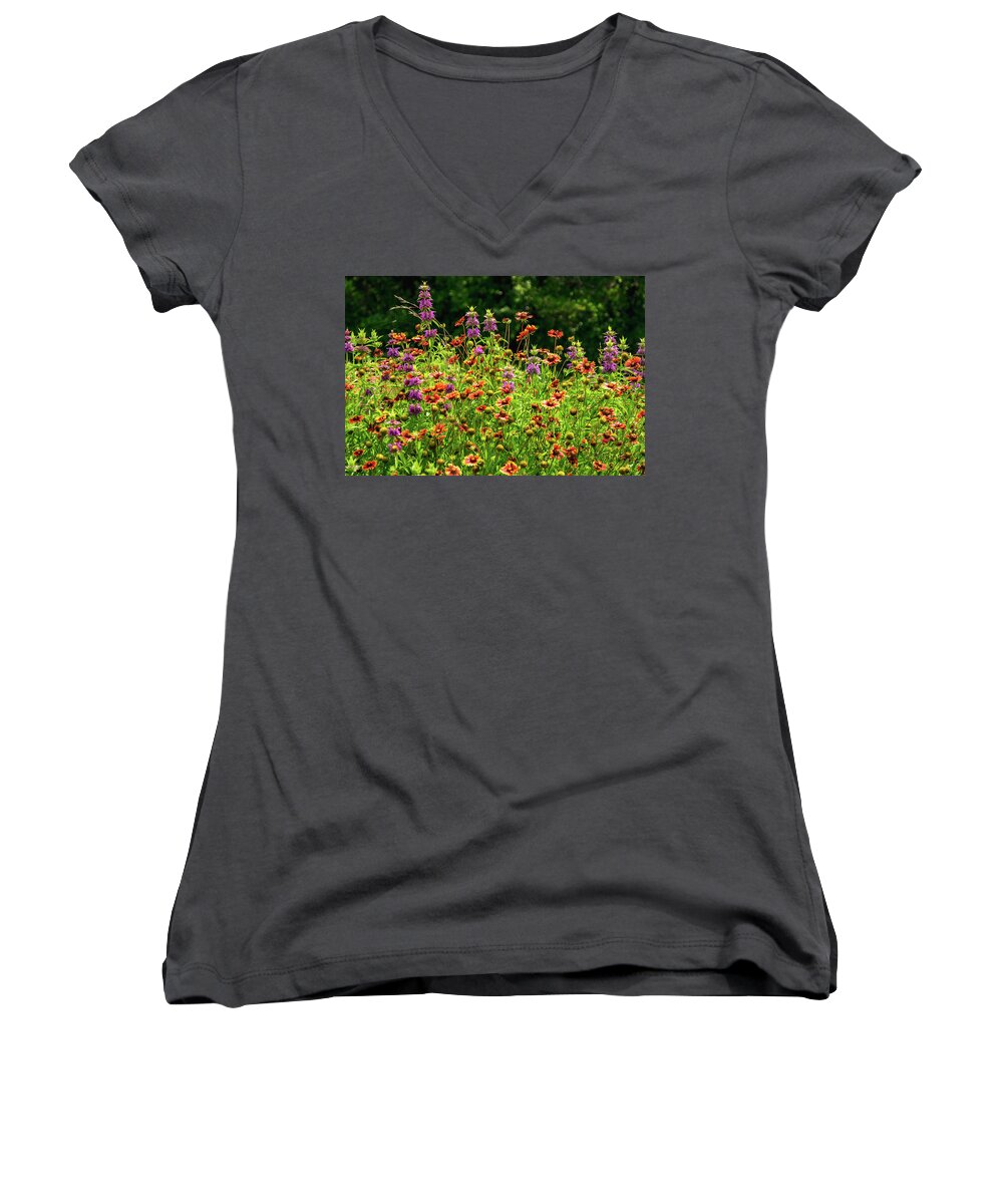 Texas Wildflowers Women's V-Neck featuring the photograph Purple Fire by Johnny Boyd