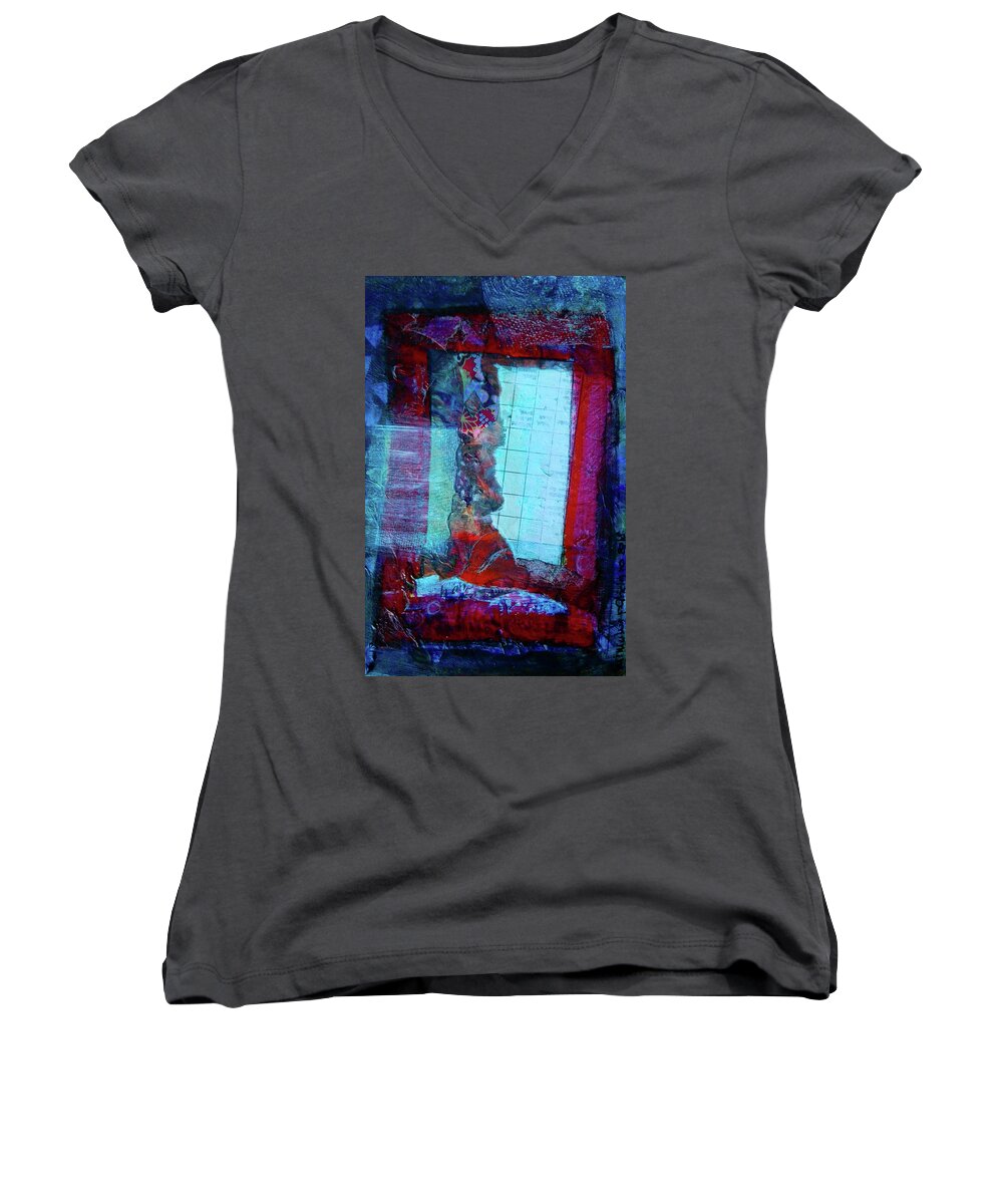 Window Women's V-Neck featuring the mixed media Red Window by Mimulux Patricia No
