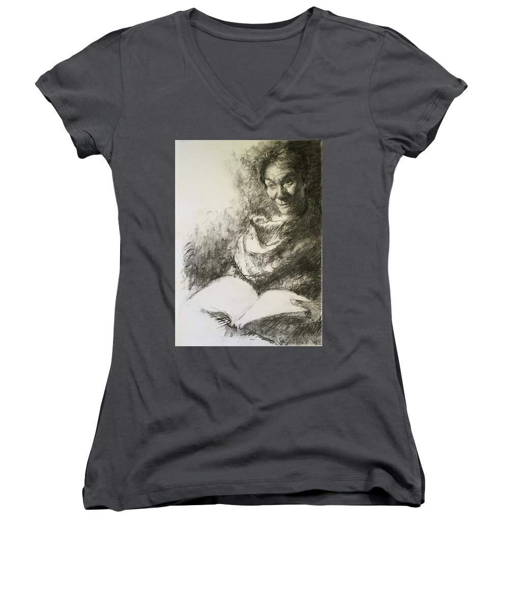 Books Women's V-Neck featuring the drawing Reflection by Ellen Dreibelbis