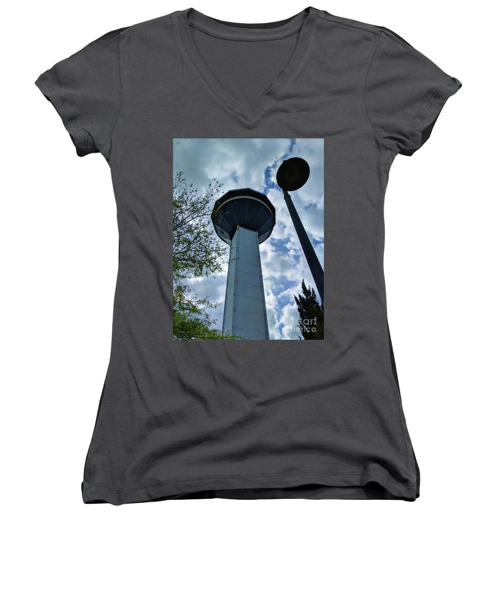 Towering Women's V-Neck featuring the photograph Restaurant in the Clouds by Roberta Byram