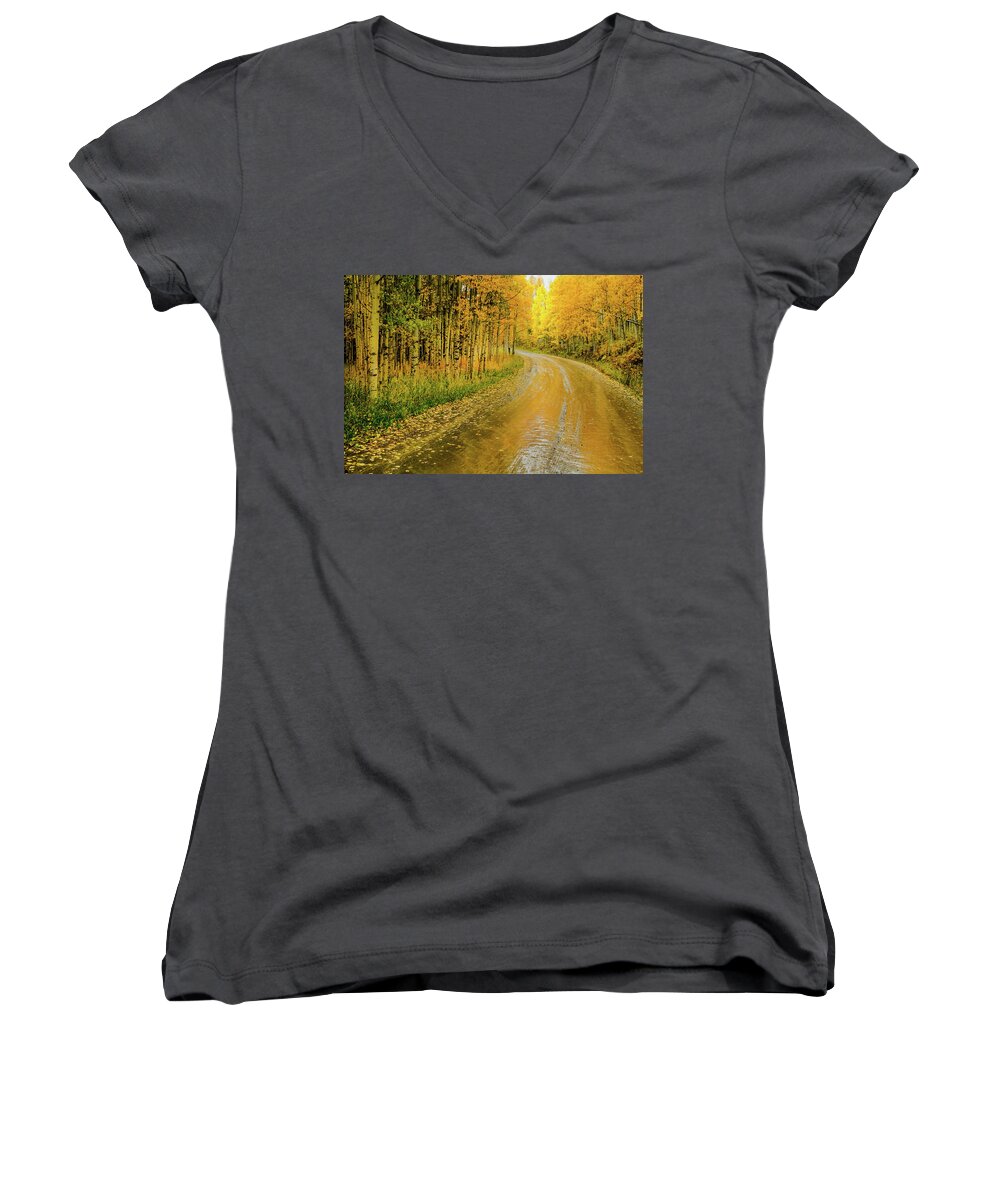 Aspens Women's V-Neck featuring the photograph Road To Oz by Johnny Boyd