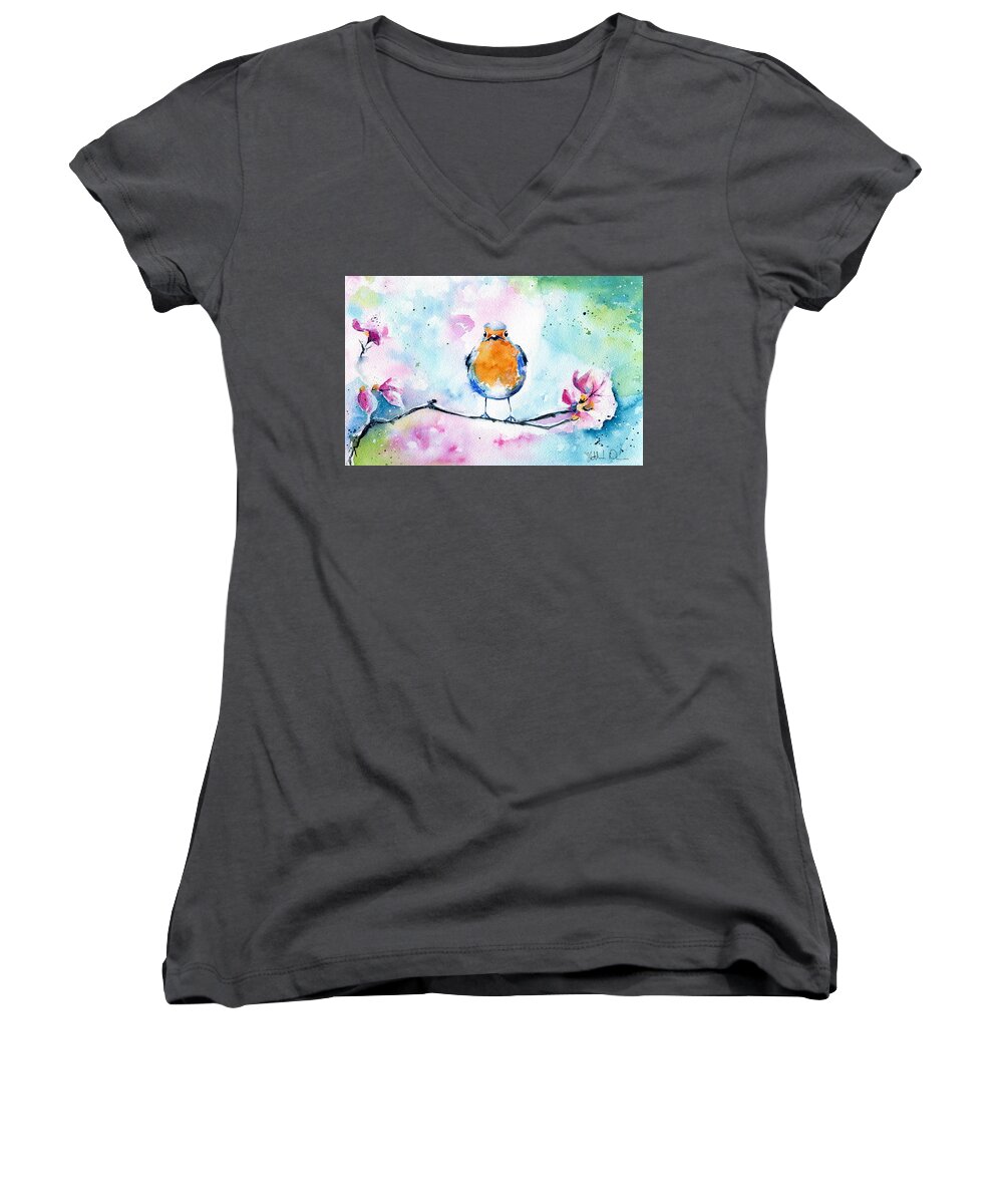 Robin Women's V-Neck featuring the painting Robin by Dora Hathazi Mendes