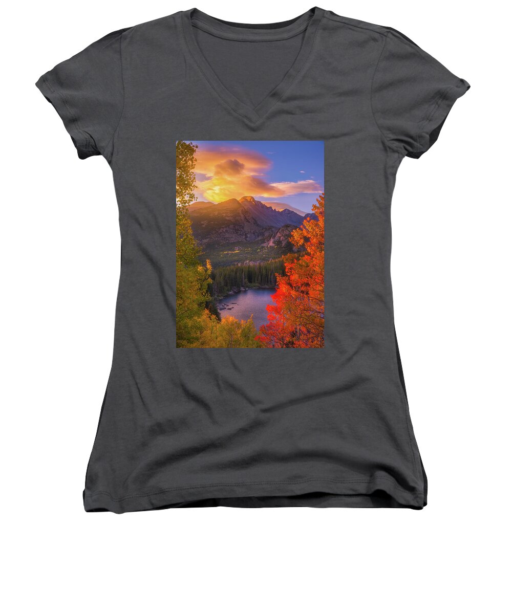 Rocky Mountains Women's V-Neck featuring the photograph Rocky Mountain Sunrise by Darren White