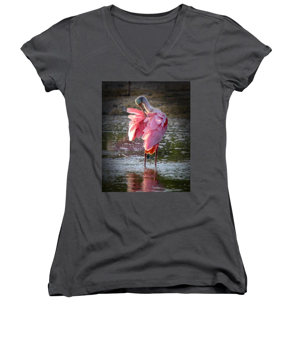 Tranquil Women's V-Neck featuring the photograph Roseate Spoonbill by Susan Rydberg
