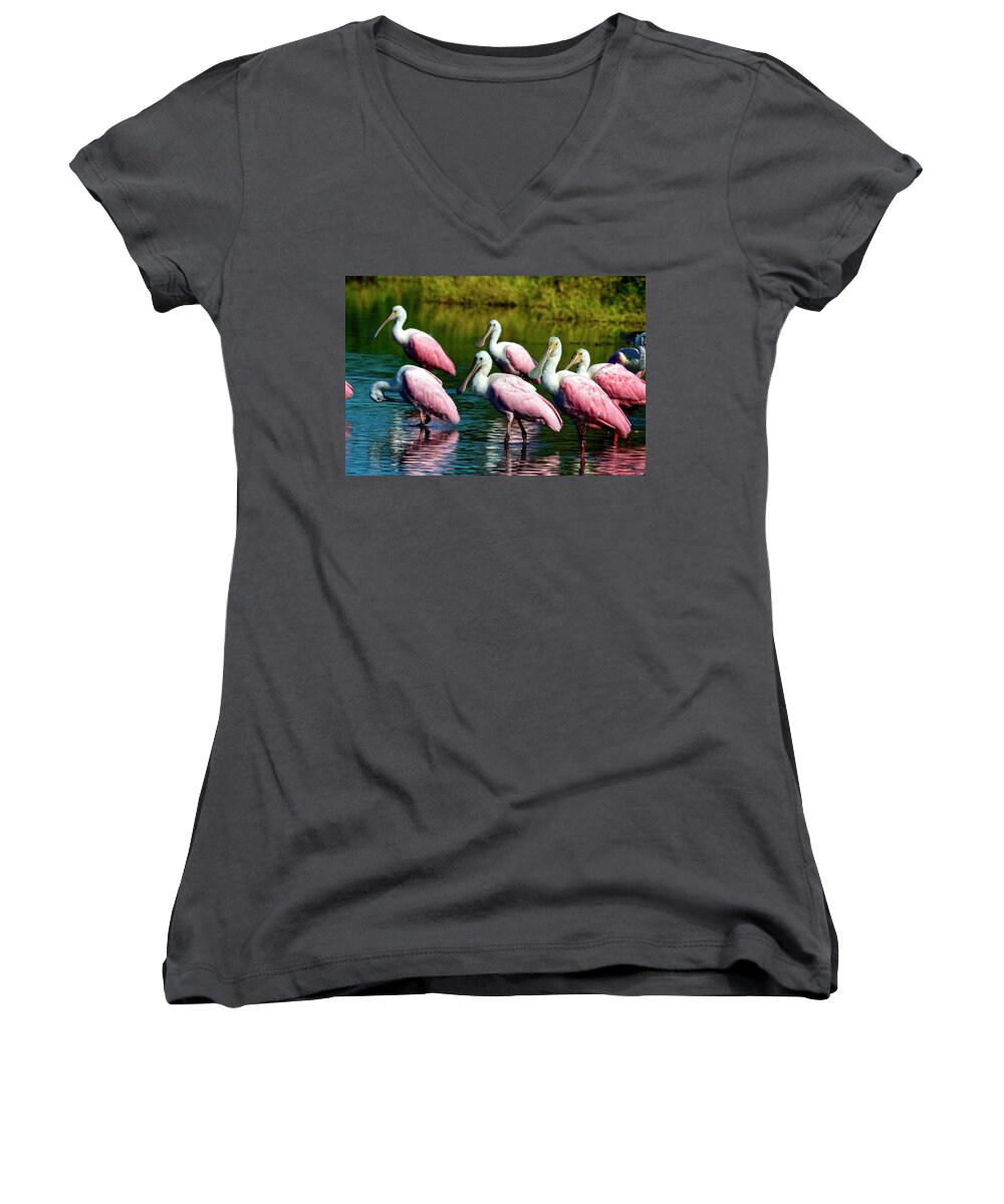 Roseate Spoonbill Birds Women's V-Neck featuring the photograph Roseate Spoonbills by Sally Weigand