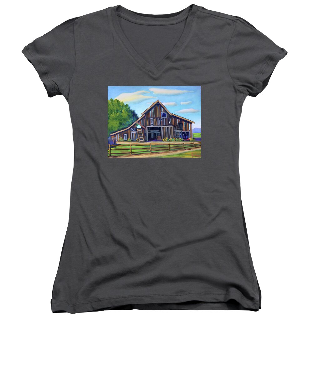 Roseberry Idaho Women's V-Neck featuring the painting Roseberry Barn by Kevin Hughes
