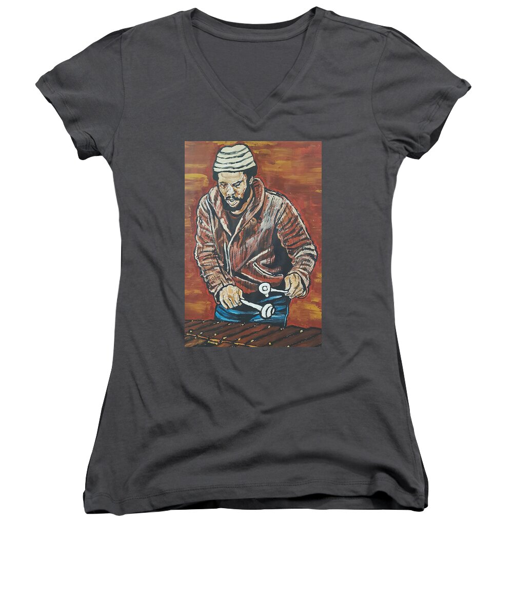 Roy Ayers Women's V-Neck featuring the painting Roy Ayers by Rachel Natalie Rawlins