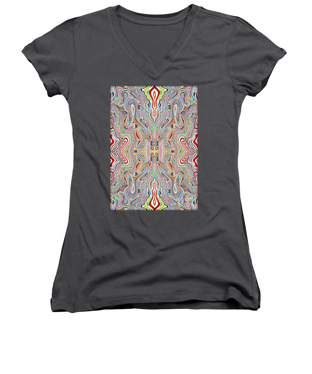 Red Drawing Women's V-Neck featuring the mixed media Rhythm and Flow by David Neace CPX