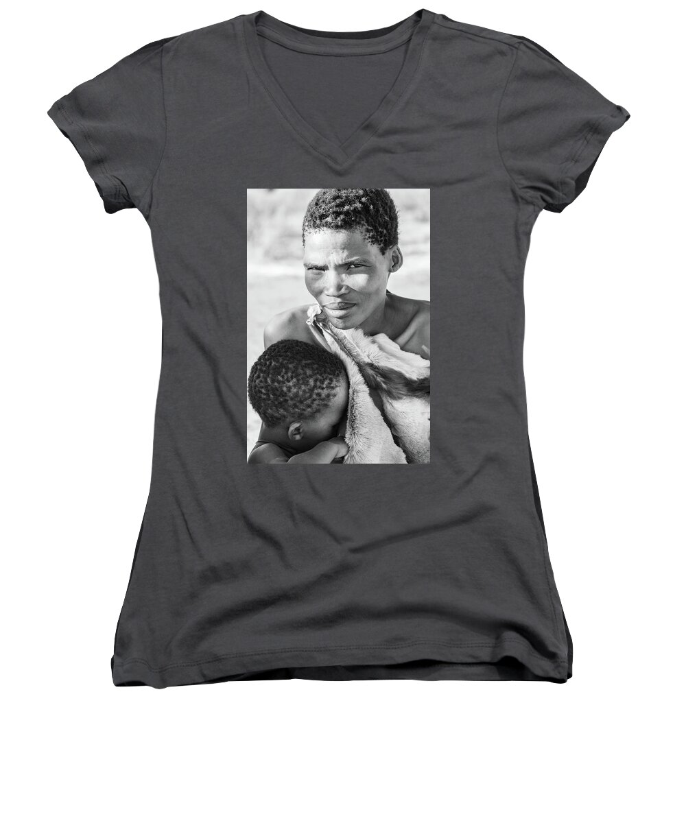 Portrait Women's V-Neck featuring the photograph San Mother and child by Mache Del Campo