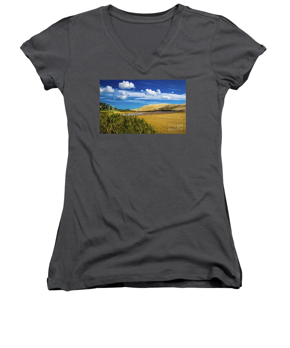 90 Mile Beach Women's V-Neck featuring the photograph 90 Miles Beach, New Zealand by Lyl Dil Creations